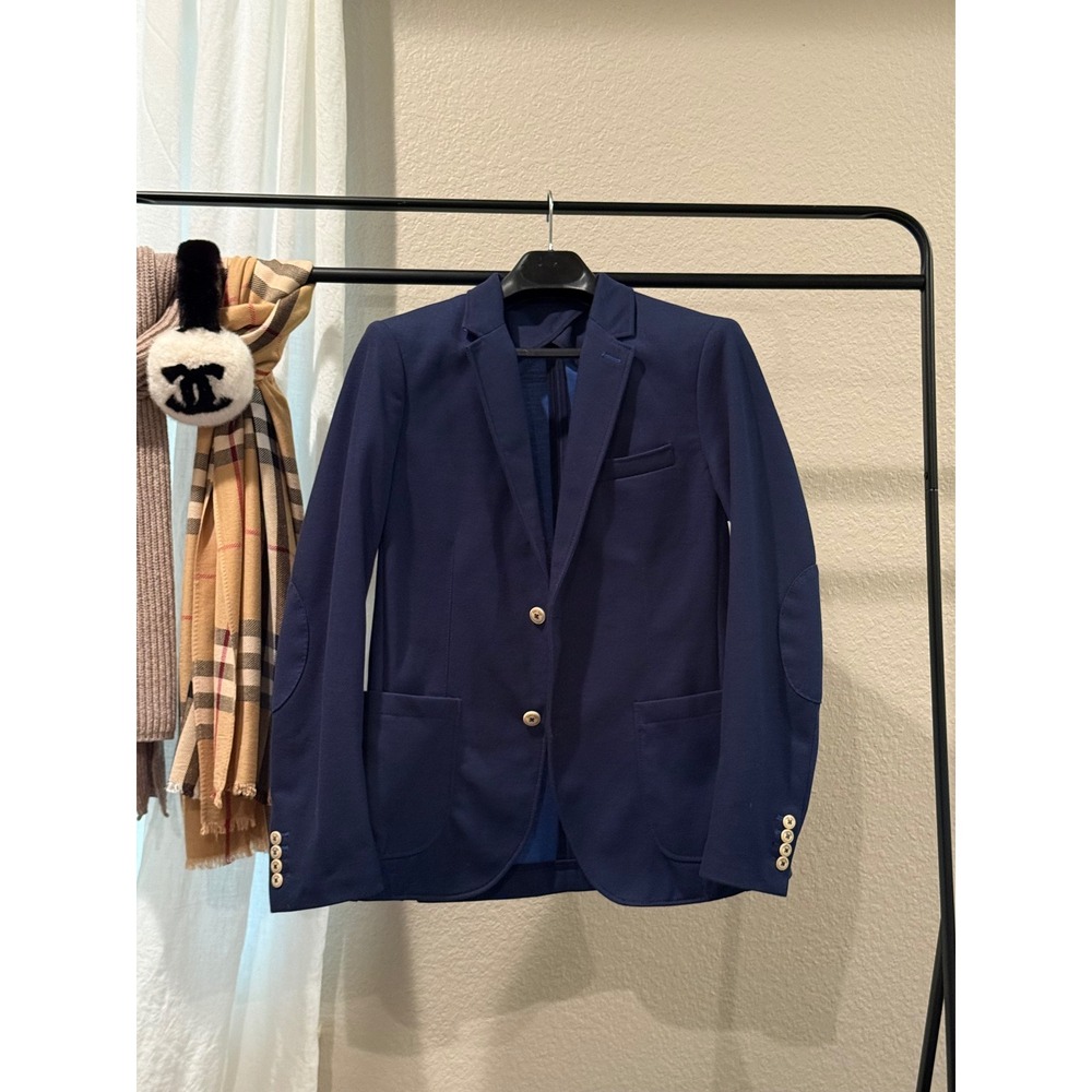 Zara Man Basic Knit Blazer Mens USA 42 Navy Blue Sport Coat Jacket Elbow Patch